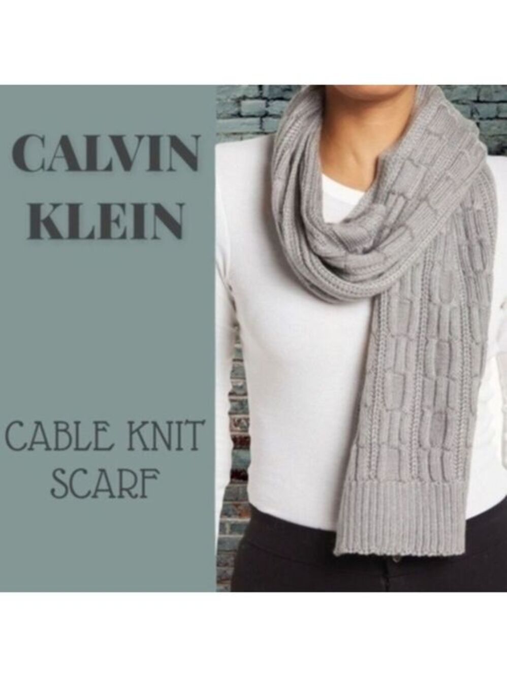 CALVIN KLEIN 73”L x 11.5”W Super Soft Grey Cable Knit Neck Scarf/Wrap NWT